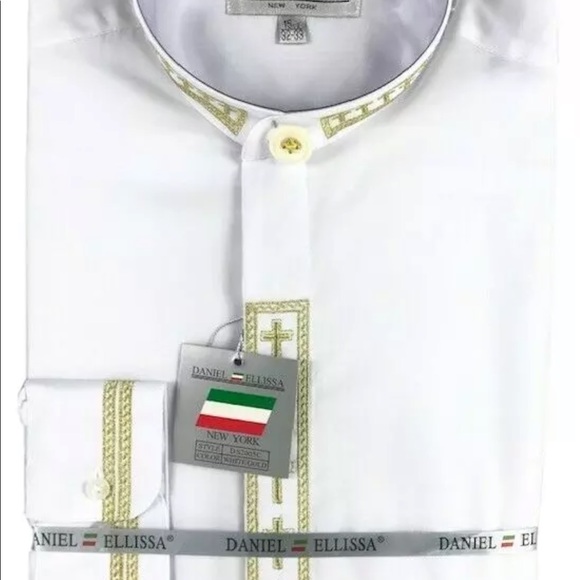 Daniel Ellissa Men's White Clergy Shirt Gold Cross Embroidered Convertible Cuff - Picture 2 of 3